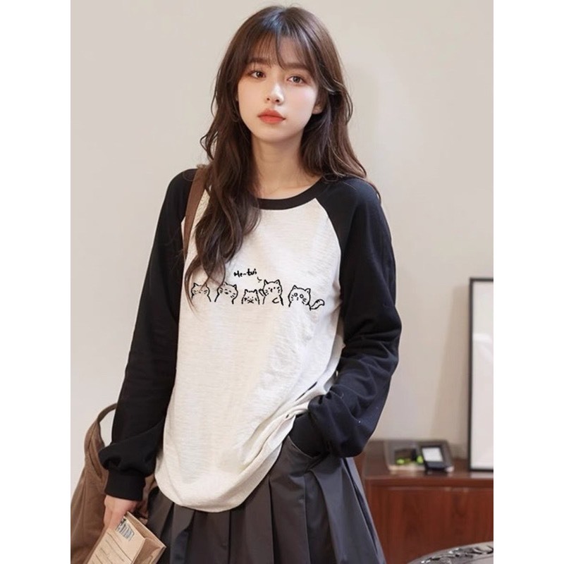 Áo thun Nữ dài tay phối màu trắng đen in hình JULY, Áo phông dáng rộng tay dài phối màu chất Cotton Xược
