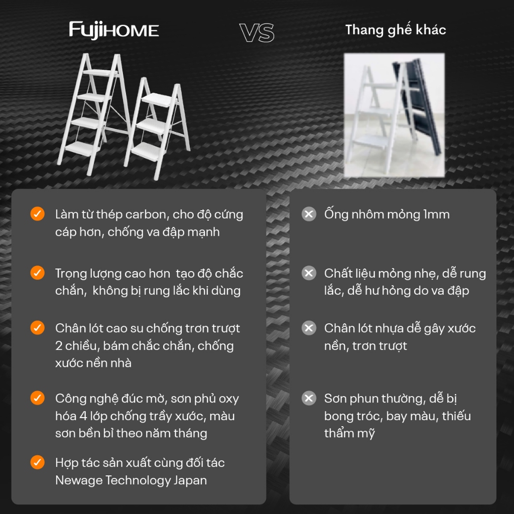 Thang gấp gọn chữ A 3 -4 bậc thép carbon FUJIHOME Nhập Khẩu, step ladder thang xếp gọn bậc to