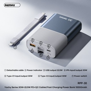 Cục tích điện siêu nhanh 30W Remax RPP-30 10000mAh tích hợp cáp - 2 cổng typeC 1 cổng LN in/out