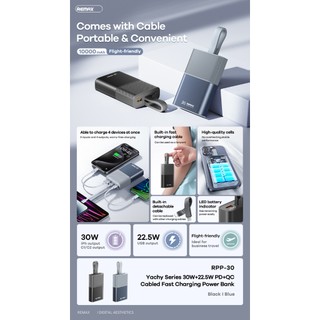 Cục tích điện siêu nhanh 30W Remax RPP-30 10000mAh tích hợp cáp - 2 cổng typeC 1 cổng LN in/out