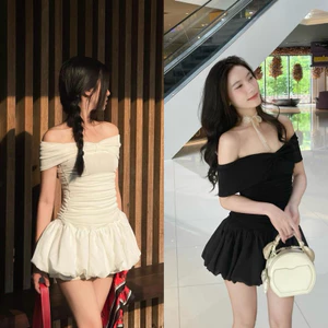 Váy Trễ Vai Nơ Thun Giấy Nhúm Phối Vải Thô Gió Nhăn Dáng Bom Có Lót Quần 2 Màu