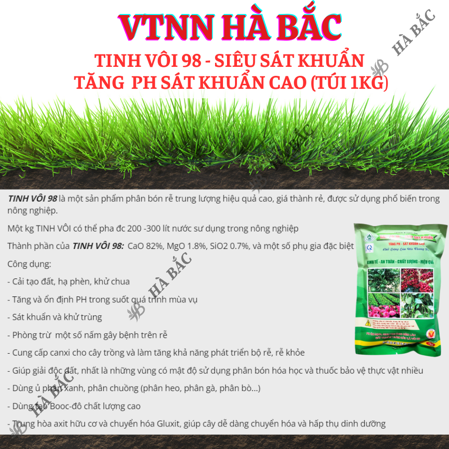 Tinh vôi 98 - Siêu sát khuẩn tăng PH sát khuẩn cao, sát khuẩn đất đai trong nông nghiệp (Túi 1kg)