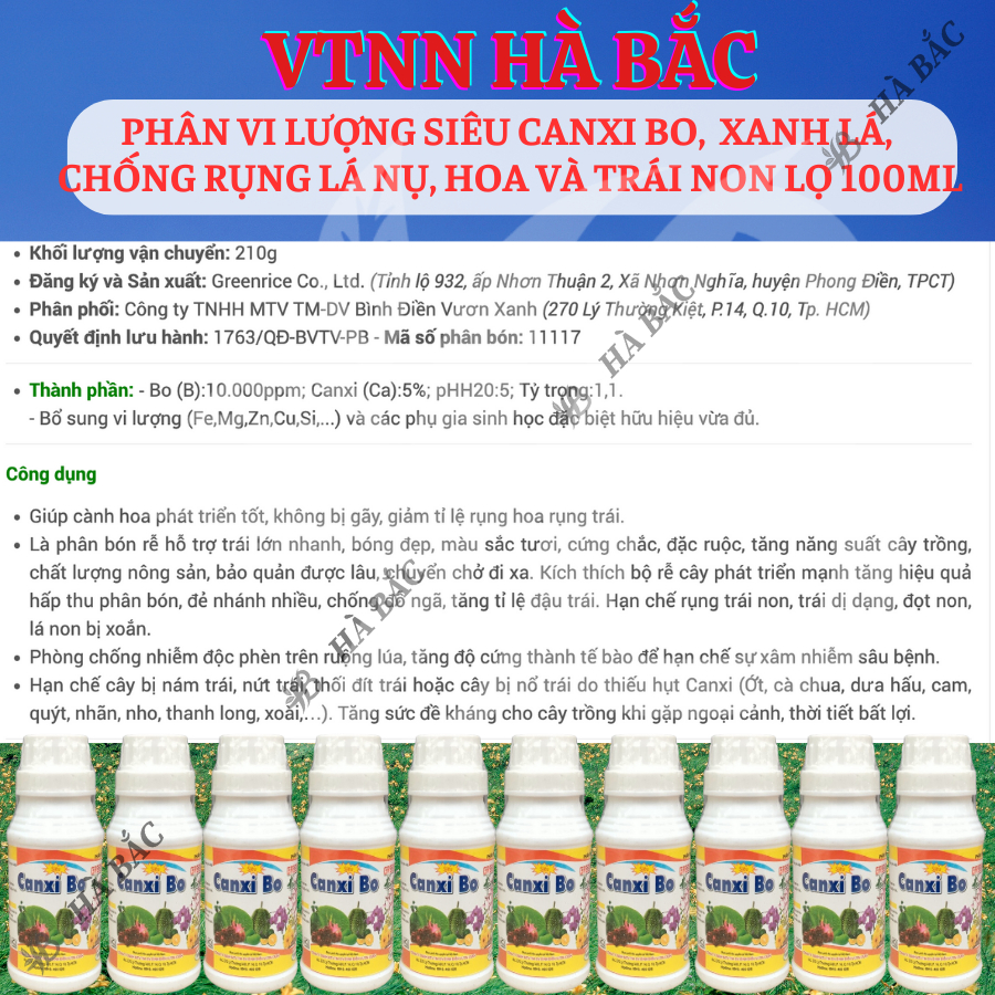 Phân vi lượng siêu Canxi Bo, xanh lá, chống rụng lá nụ, hoa và trái non lọ Bình Điền Vươn Xanh (hũ 100ml)