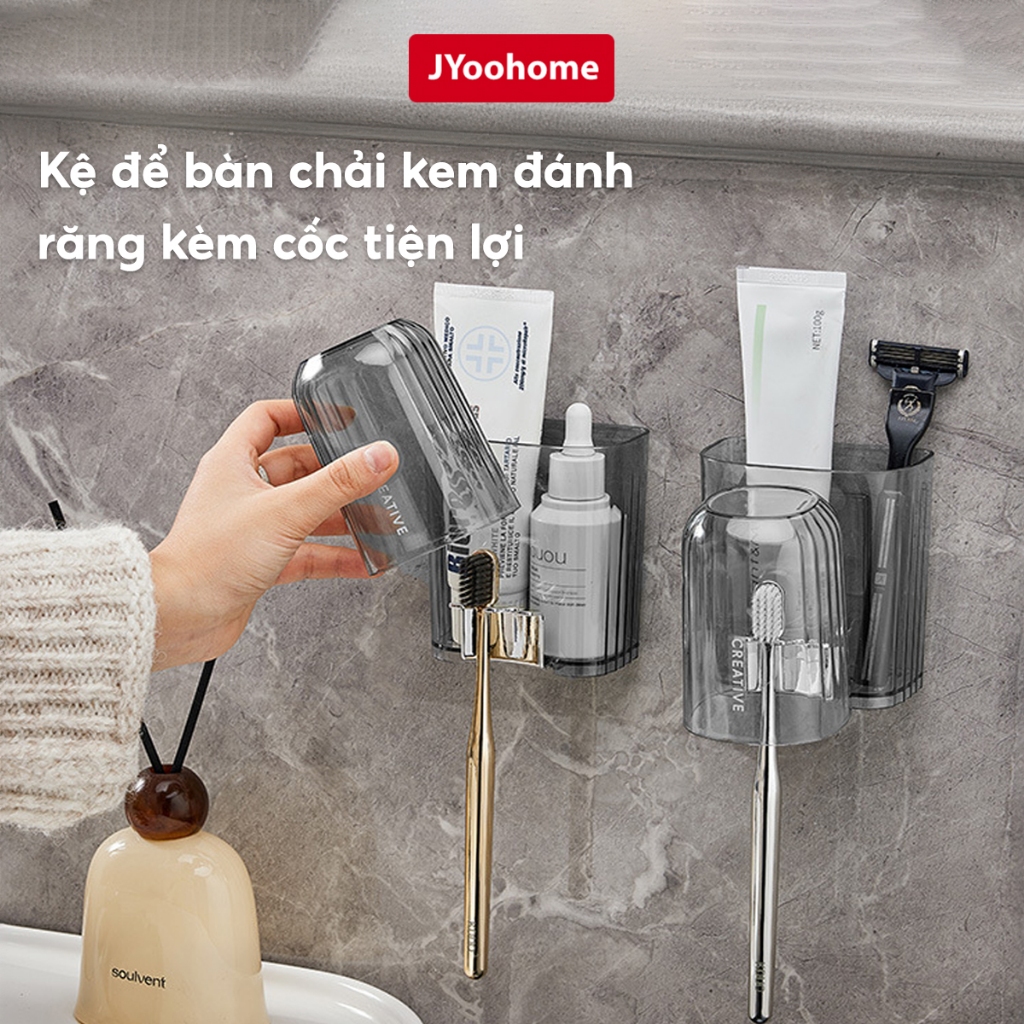 Kệ để bàn chải kem đánh răng kèm cốc dán tường JYoohome Bộ cốc giá để bàn chải trong suốt Acrylic | BigBuy360 - bigbuy360.vn