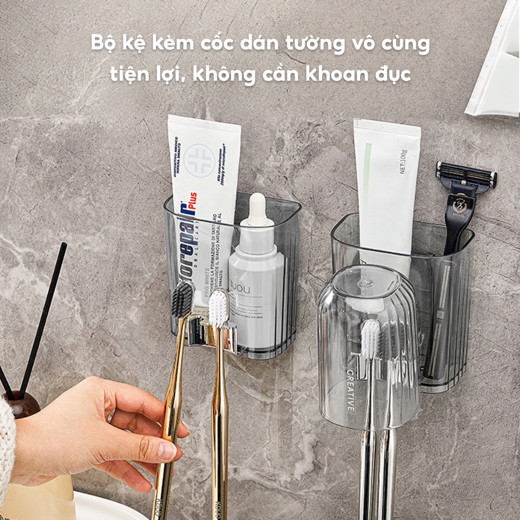 Kệ để bàn chải kem đánh răng kèm cốc dán tường JYoohome Bộ cốc giá để bàn chải trong suốt Acrylic | BigBuy360 - bigbuy360.vn