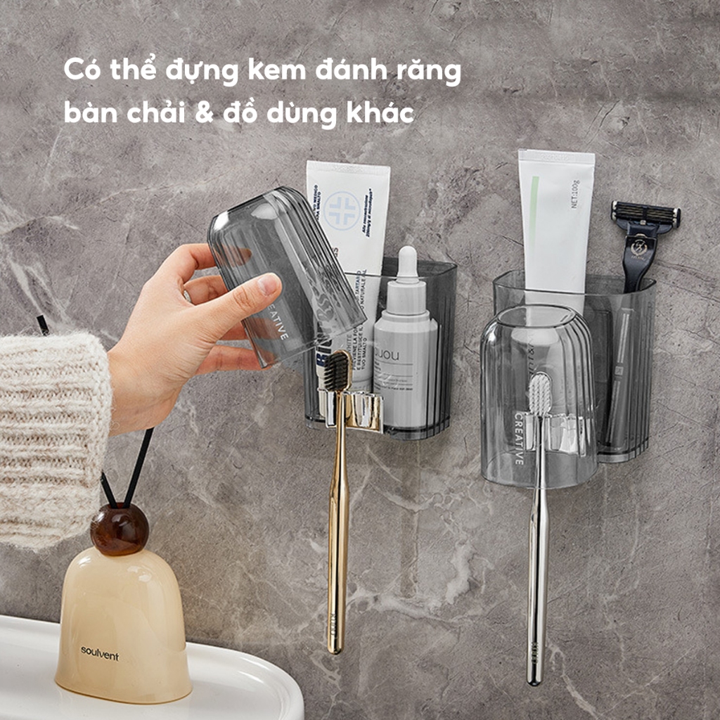 Kệ để bàn chải kem đánh răng kèm cốc dán tường JYoohome Bộ cốc giá để bàn chải trong suốt Acrylic | BigBuy360 - bigbuy360.vn