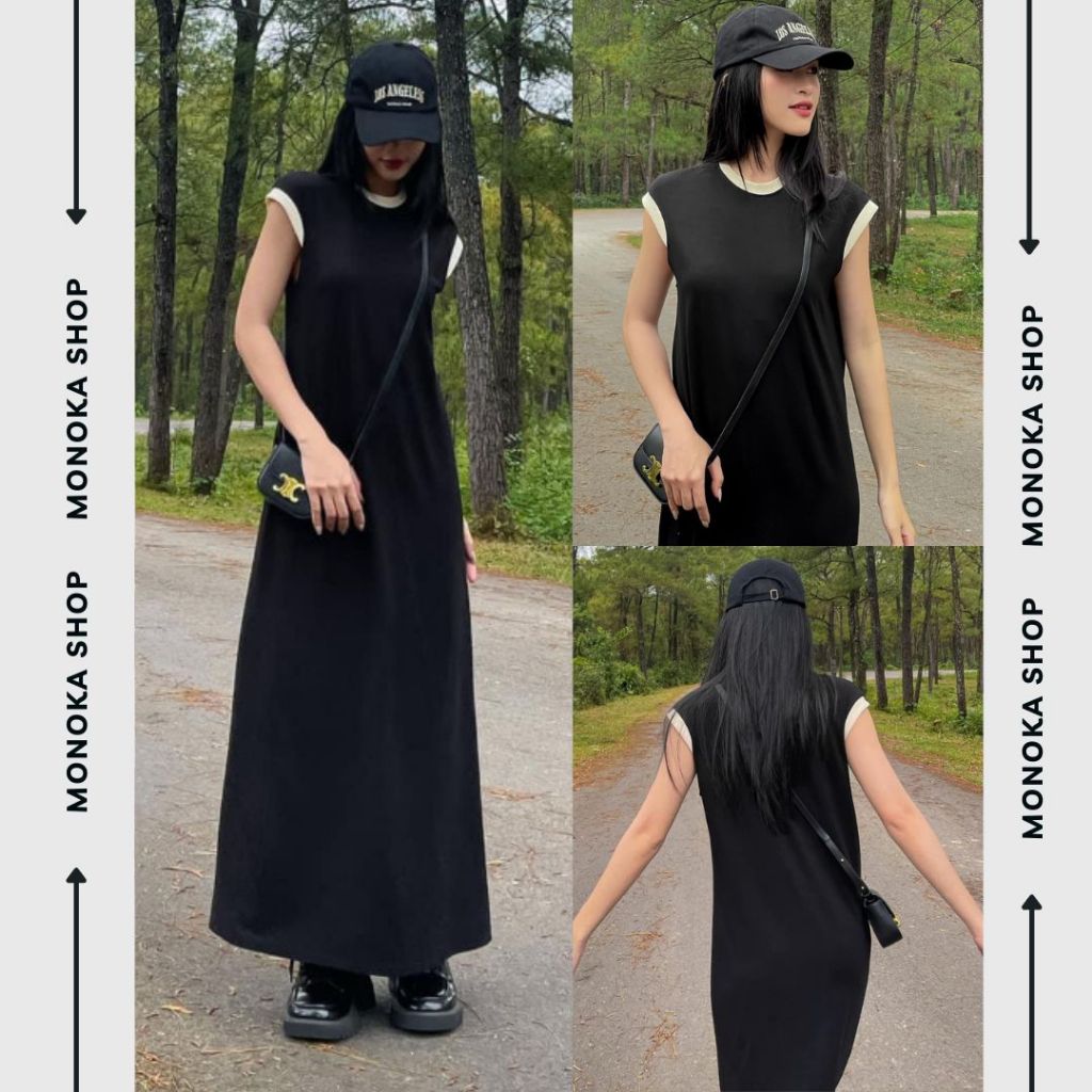 Váy thun maxi tay hến cổ tròn màu trơn viền basic Đầm bầu dài cộc tay đen nâu be không cổ mặc nhà đi chơi T180G MONOKA