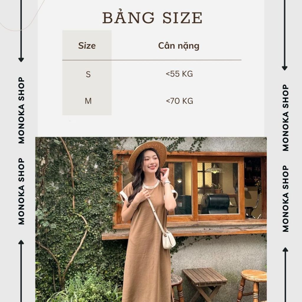 Váy thun maxi tay hến cổ tròn màu trơn viền basic Đầm bầu dài cộc tay đen nâu be không cổ mặc nhà đi chơi T180G MONOKA