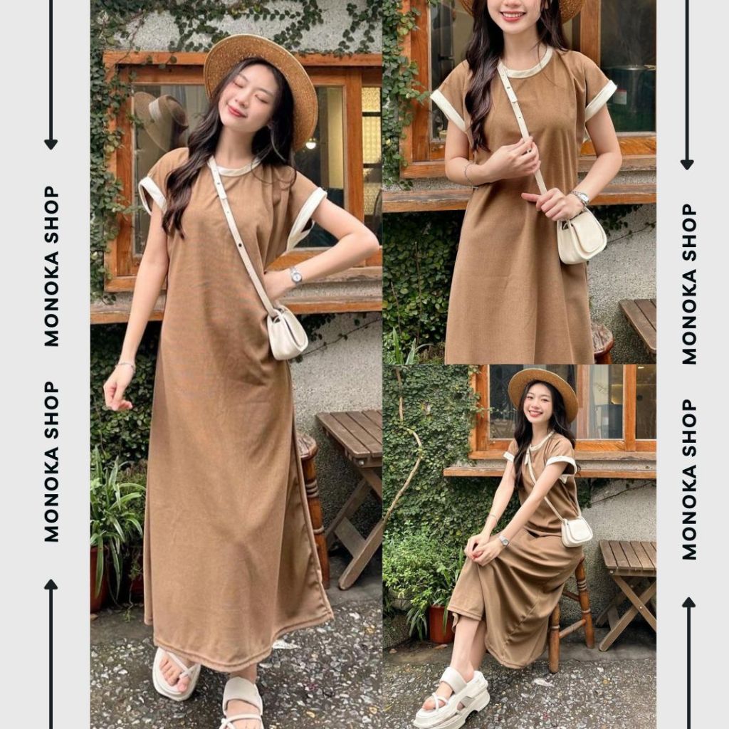 Váy thun maxi tay hến cổ tròn màu trơn viền basic Đầm bầu dài cộc tay đen nâu be không cổ mặc nhà đi chơi T180G MONOKA