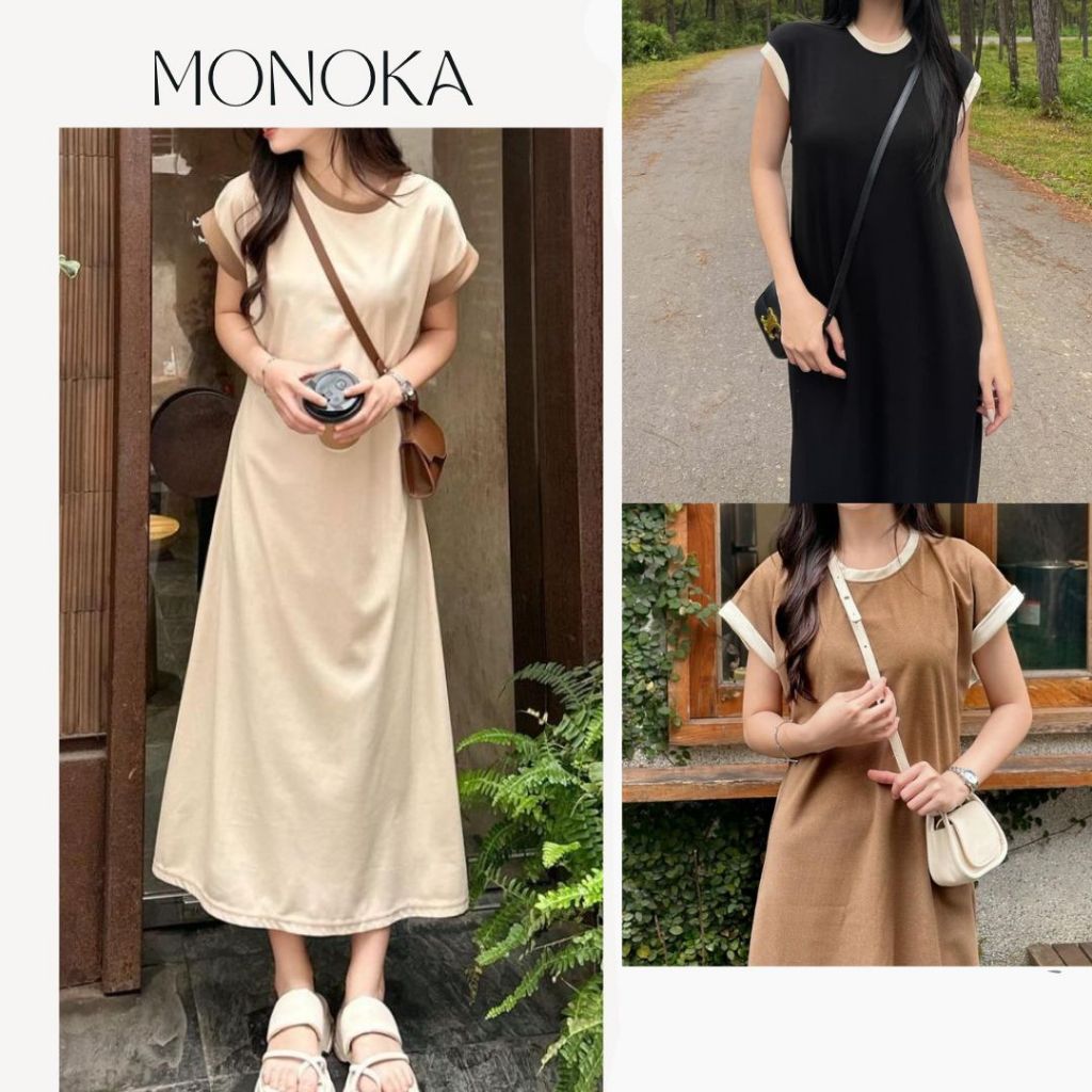 Váy thun maxi tay hến cổ tròn màu trơn viền basic Đầm bầu dài cộc tay đen nâu be không cổ mặc nhà đi chơi T180G MONOKA