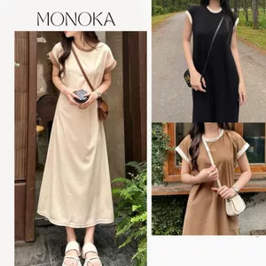 Váy thun maxi tay hến cổ tròn màu trơn viền basic Đầm bầu dài cộc tay đen nâu be không cổ mặc nhà đi chơi T180G MONOKA
