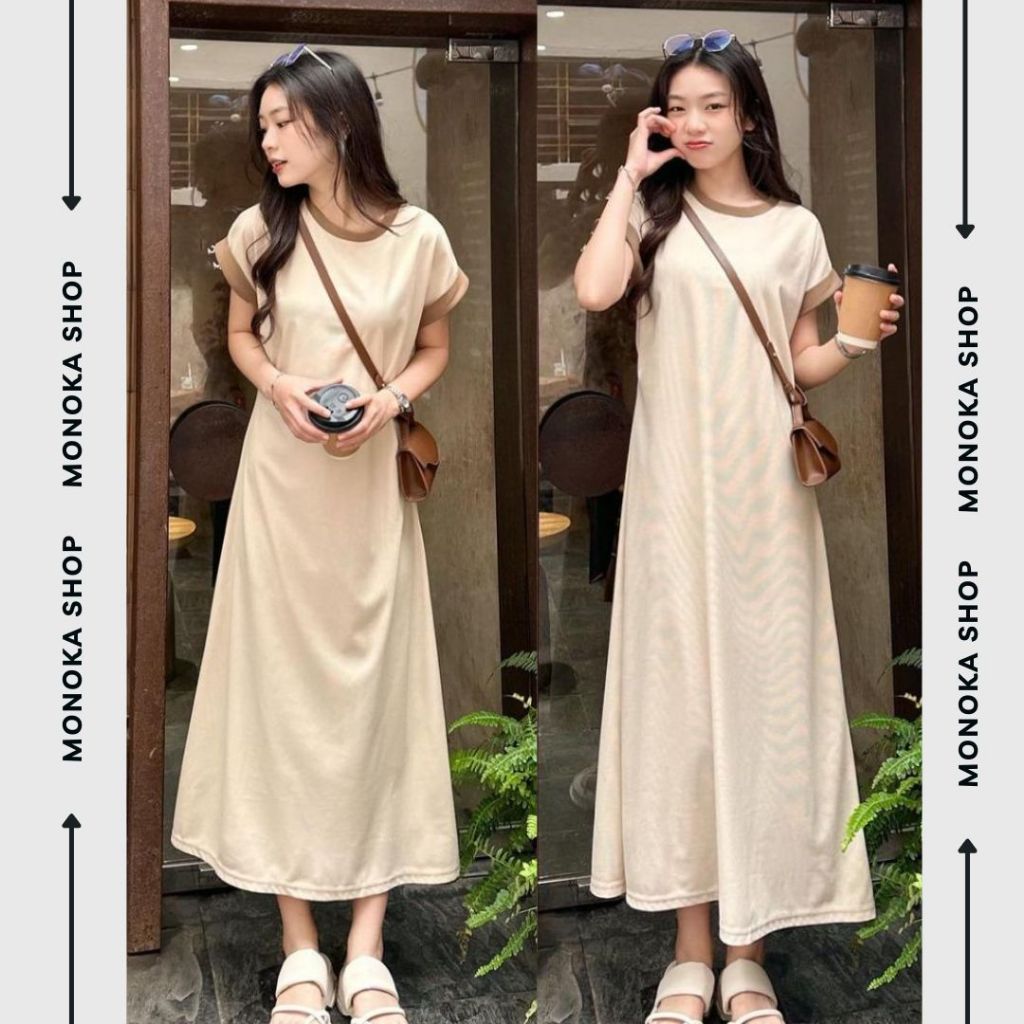Váy thun maxi tay hến cổ tròn màu trơn viền basic Đầm bầu dài cộc tay đen nâu be không cổ mặc nhà đi chơi T180G MONOKA