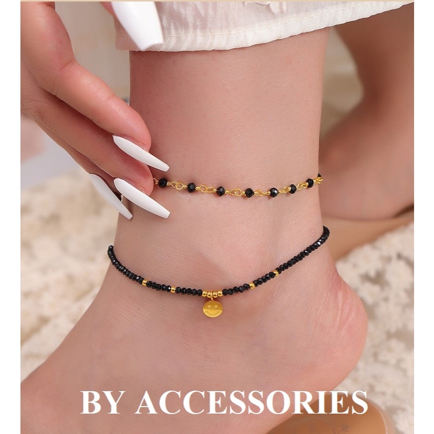 Lắc chân nữ titan phối đá Crystal stone phối hình mặt cười mạ vàng 18K không gỉ AK35 BY ACCESSORIES