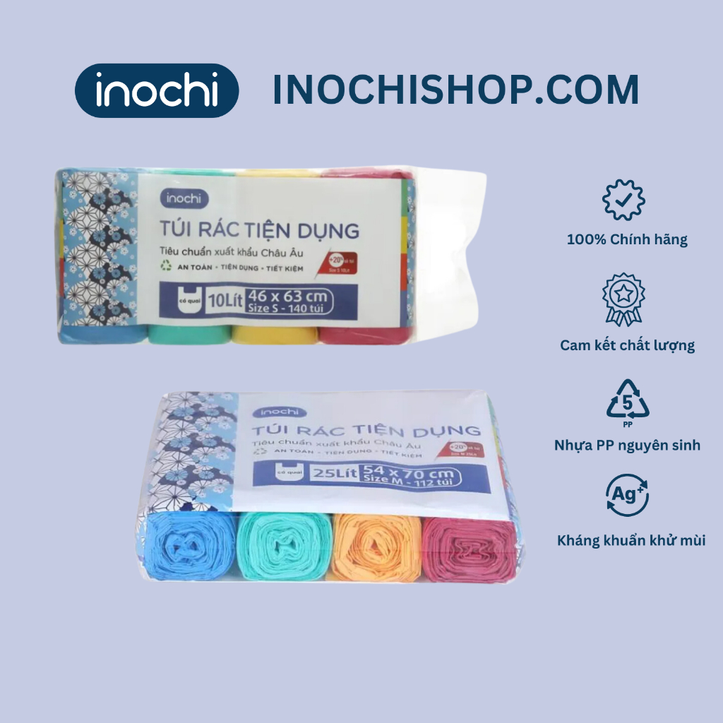 Lô 4 cuộn túi rác tiện dụng có quai Inochi 10L-25L-50L (nhiều màu)_tiêu ...