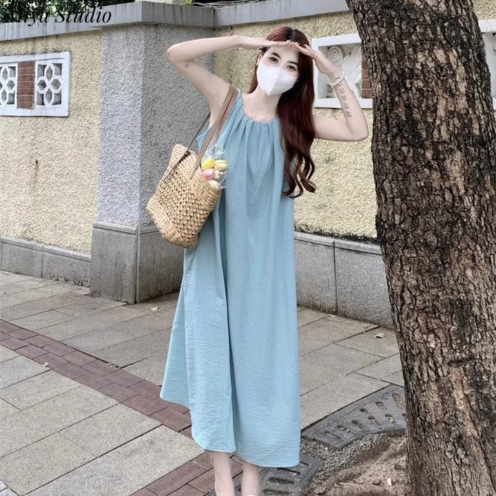Váy Bầu Đầm Bầu Dáng Suông Sát Nách Xếp Ly Cổ Phong Cách Hàn Quốc - Đầm Bầu Thiết Kế Đi Chơi, Đi Biển Thai Sản Thoải Mái