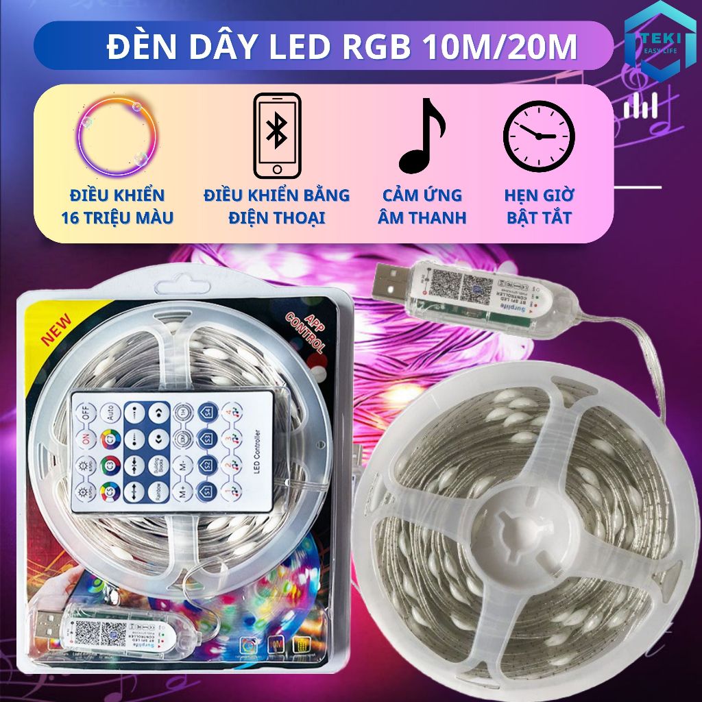 Đèn Dây LED RGB 16 Triệu Màu Điều Khiển Bằng Điện Thoại và Remote Nháy ...
