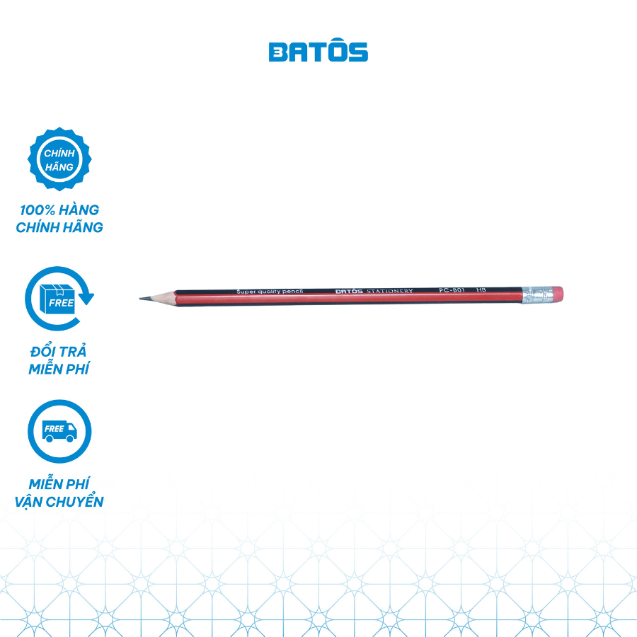 Hộp 12 bút chì HB Batôs 3 PC-B01, Ruột cứng thích hợp cho bé tập viết.