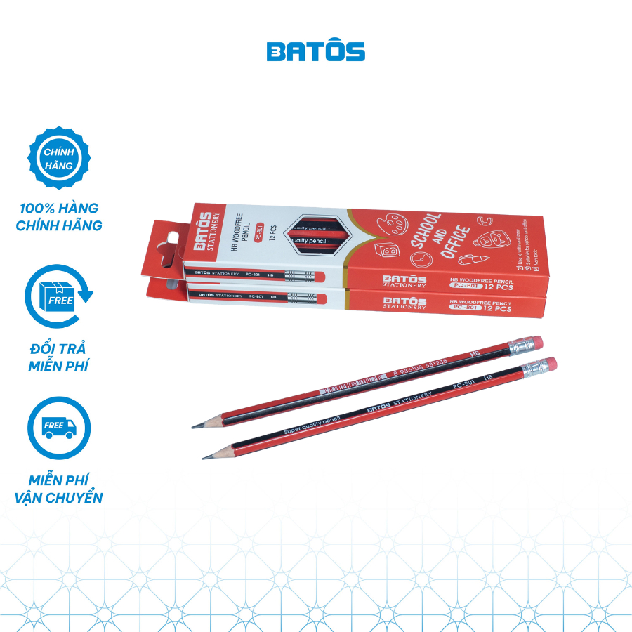 Hộp 12 bút chì HB Batôs 3 PC-B01, Ruột cứng thích hợp cho bé tập viết.