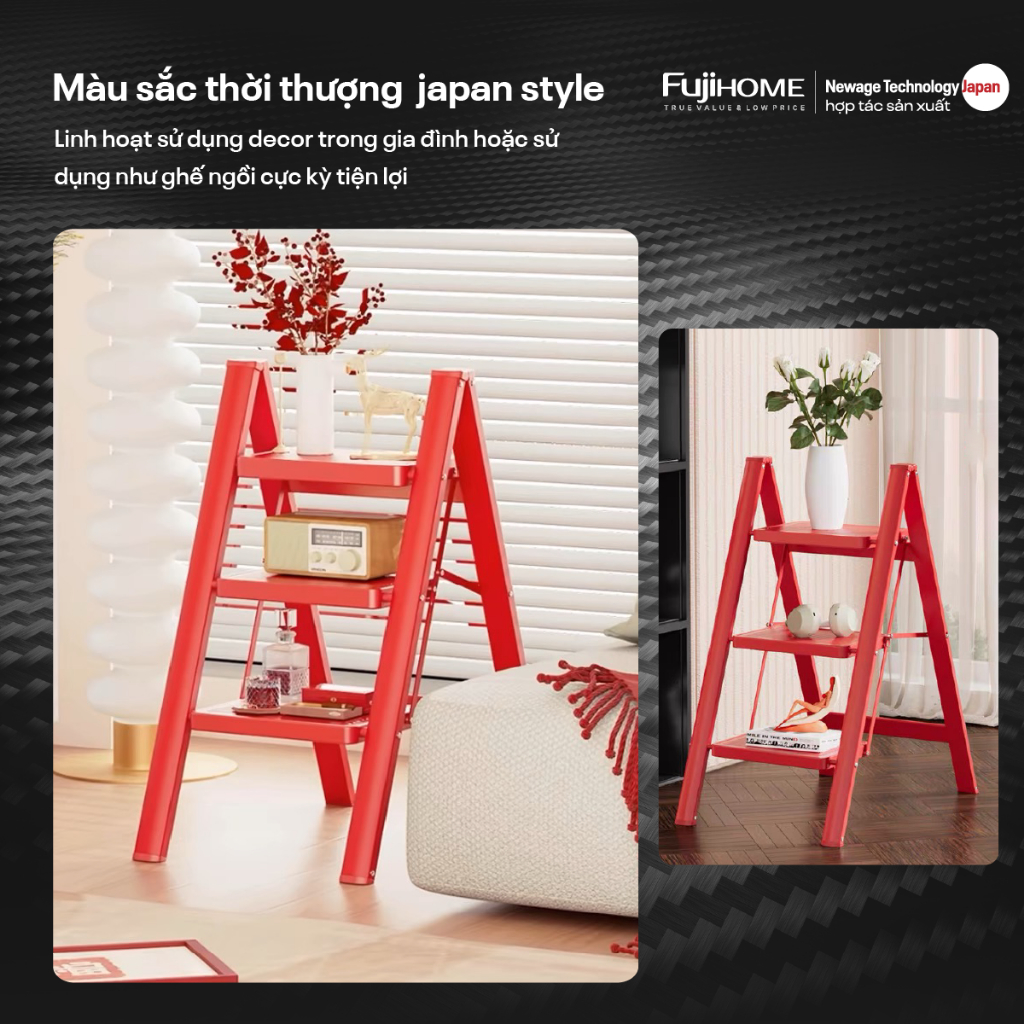 Thang xếp gọn gia đình chữ A 3 -4 bậc thép carbon FUJIHOME Nhập Khẩu, thang đa năng gấp gọn