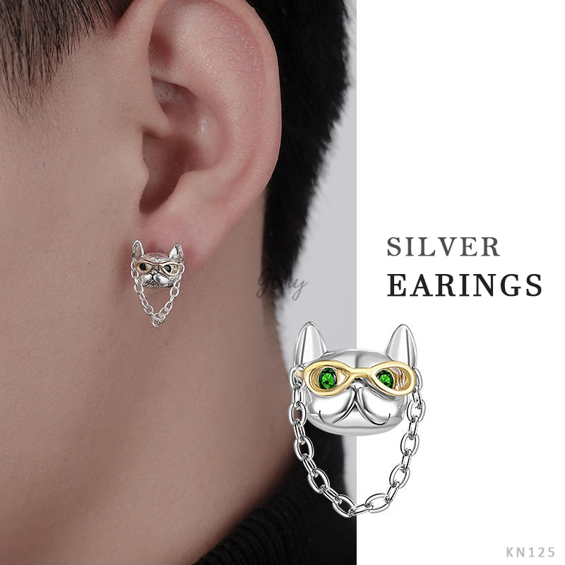 Khuyên tai tròn nam bạc 925 thiết kế hình mặt mèo đeo mắt xích Hiphop Boss Cat (1 chiếc) | GEMY SILVER KN125