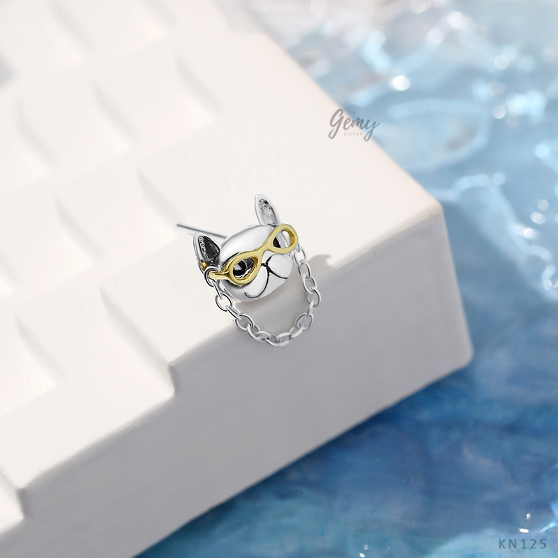 Khuyên tai tròn nam bạc 925 thiết kế hình mặt mèo đeo mắt xích Hiphop Boss Cat (1 chiếc) | GEMY SILVER KN125