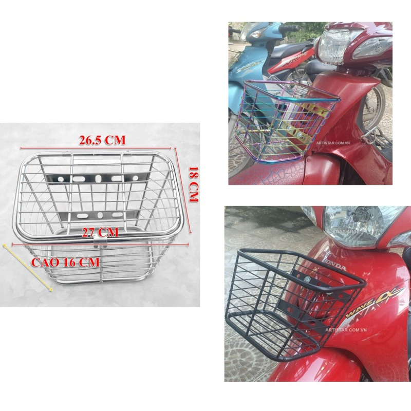 Rổ xe máy Cỡ Trung 22x18x16cm Inox Đa Năng Có Nắp Chế Được Nhiều Dòng ...