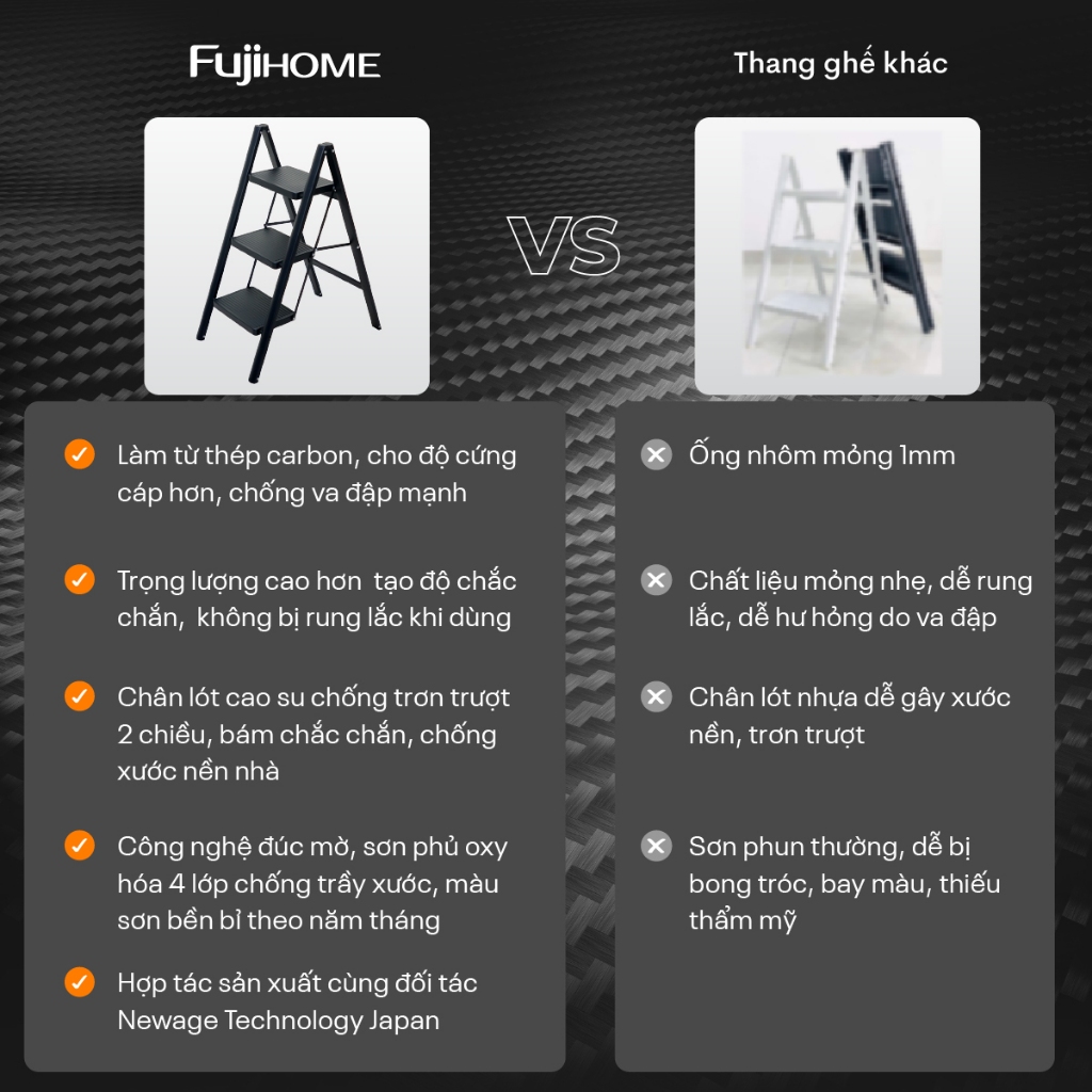 Thang xếp gấp gọn 2 - 4 bậc thép carbon FUJIHOME Nhập Khẩu, thang gia đình đa năng step ladder