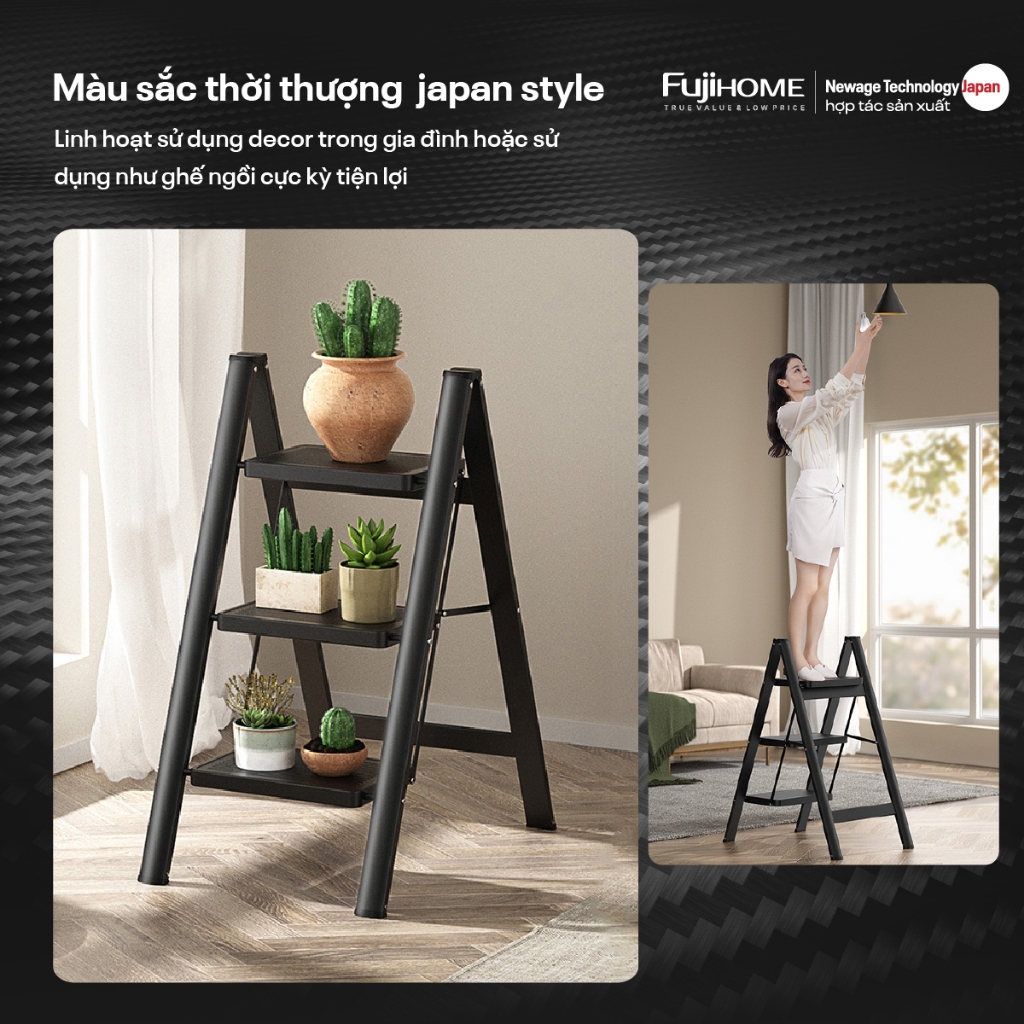 Thang xếp gấp gọn 2 - 4 bậc thép carbon FUJIHOME Nhập Khẩu, thang gia đình đa năng step ladder