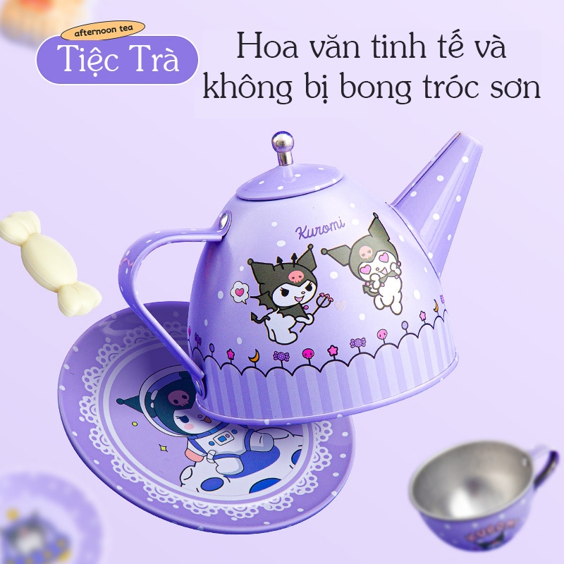 Đồ chơi vali tiệc trà chiều bánh Kuromi cho bé, có bộ ấm chén và tháp bánh xinh xắn bằng nhôm siêu bền