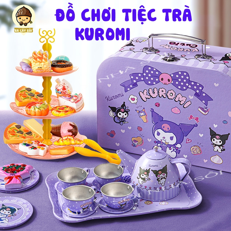Đồ chơi vali tiệc trà chiều bánh Kuromi cho bé, có bộ ấm chén và tháp bánh xinh xắn bằng nhôm siêu bền