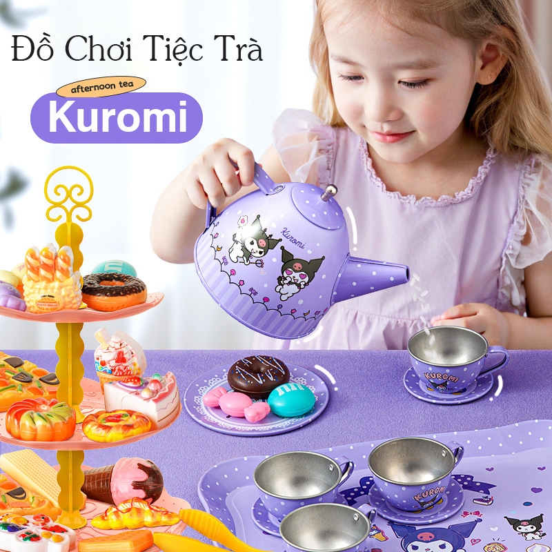 Đồ chơi vali tiệc trà chiều bánh Kuromi cho bé, có bộ ấm chén và tháp bánh xinh xắn bằng nhôm siêu bền