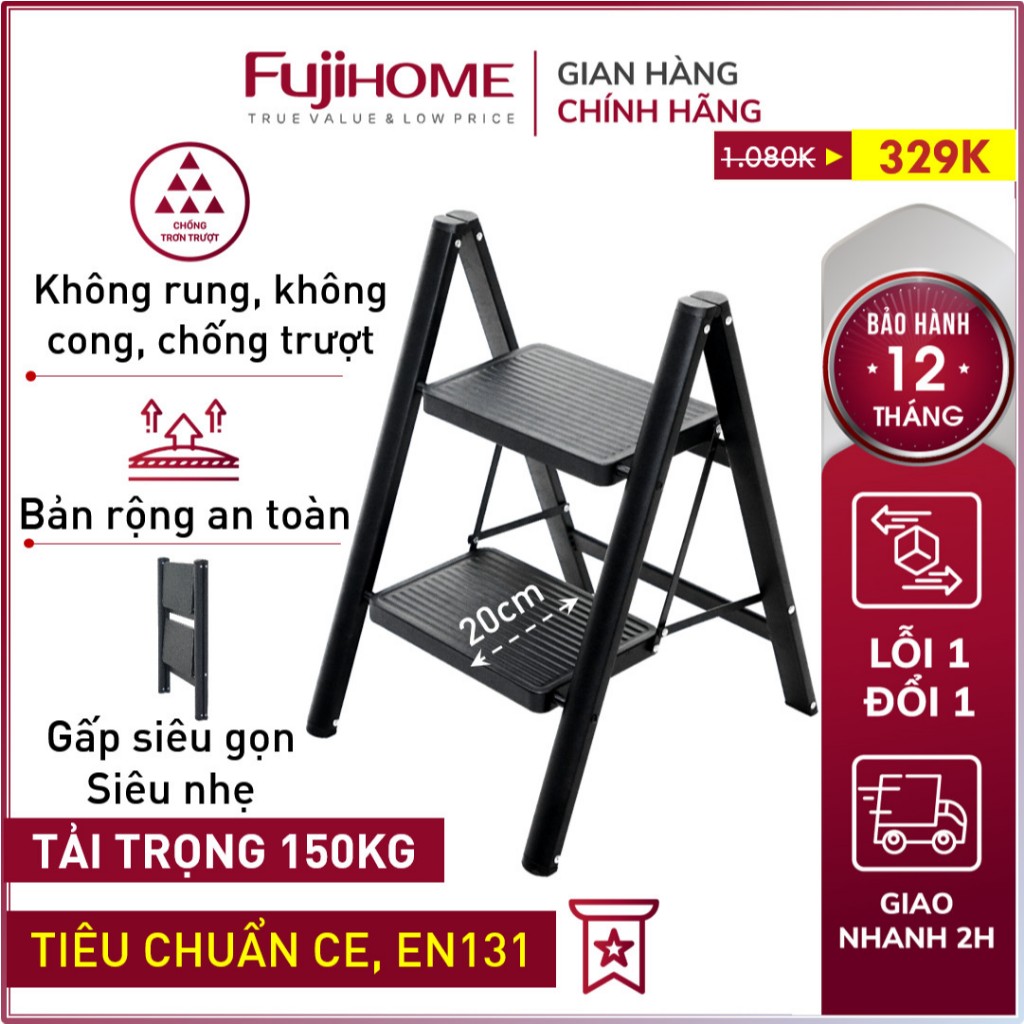 Thang gấp gọn chữ A 2 bậc thép carbon FUJIHOME Nhập Khẩu, step ladder thang bản to rộng đa năng