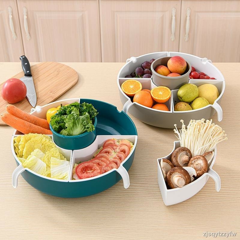 Khay Nhựa Đa Năng Đựng Đồ Ăn Lẩu, Rổ Đựng Rau 5 Ngăn, Khay Hoa Quả Xoay 360 Tiện Lợi