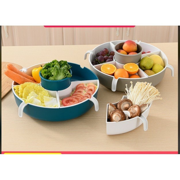 Khay Nhựa Đa Năng Đựng Đồ Ăn Lẩu, Rổ Đựng Rau 5 Ngăn, Khay Hoa Quả Xoay 360 Tiện Lợi
