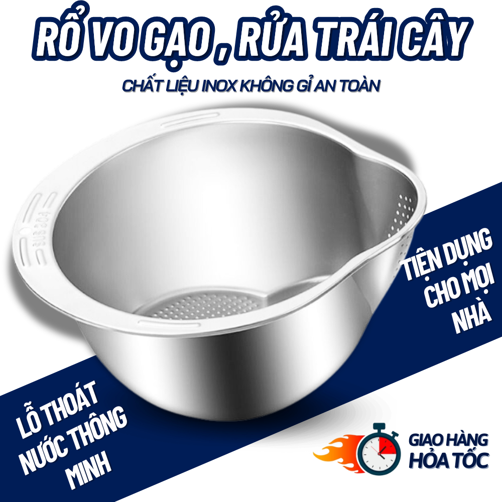 Rổ vo gạo inox 304 thép không gỉ an toàn, rổ rửa rau hoa quả có lỗ ...