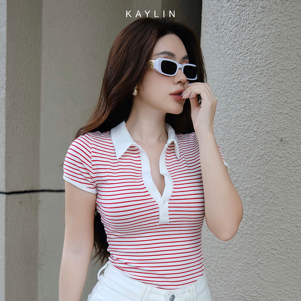 Ảnh Áo thun KAYLIN Polo form ôm phối sọc chất vài thun co giản phong cách công sở thanh lịch - N2252 1