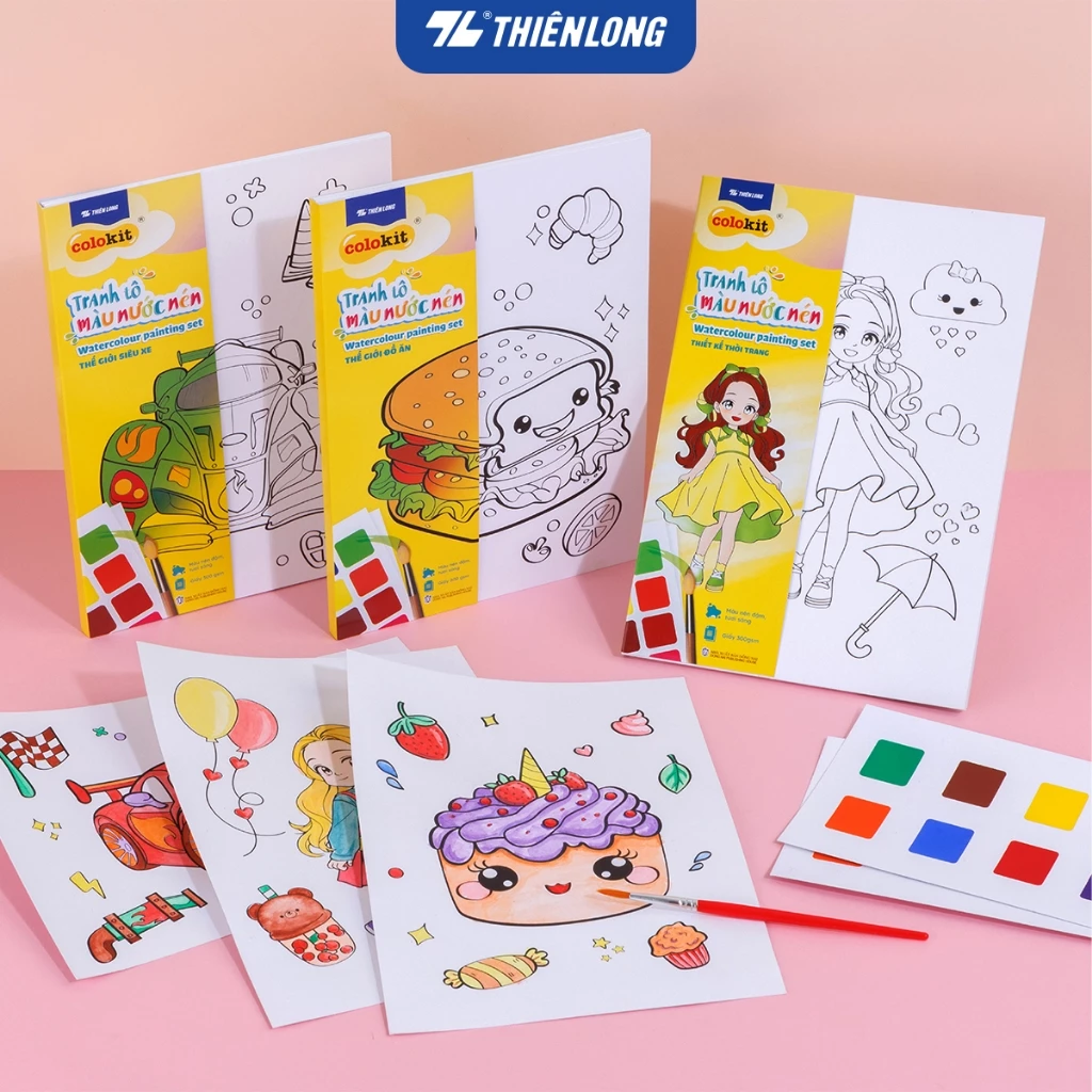 Tranh tập tô màu nước dạng nén cho bé,nhiều chủ đề, Khổ giấy A5 200gsm, tặng kèm cọ và 5 thẻ màu 2.5