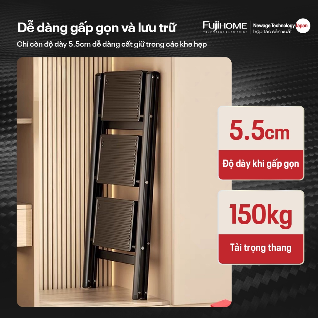 Thang gấp gọn chữ A 2 bậc thép carbon FUJIHOME Nhập Khẩu, step ladder thang bản to rộng đa năng