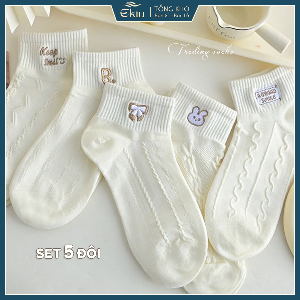 Tất vớ nữ cổ ngắn set 5 đôi họa tiết thêu, chất liệu cotton co giãn thoáng khí - Ekiu Shop