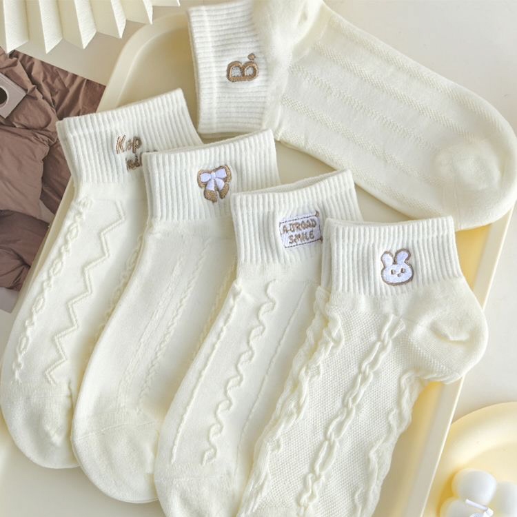 Tất vớ nữ cổ ngắn set 5 đôi họa tiết thêu, chất liệu cotton co giãn thoáng khí - Ekiu Shop