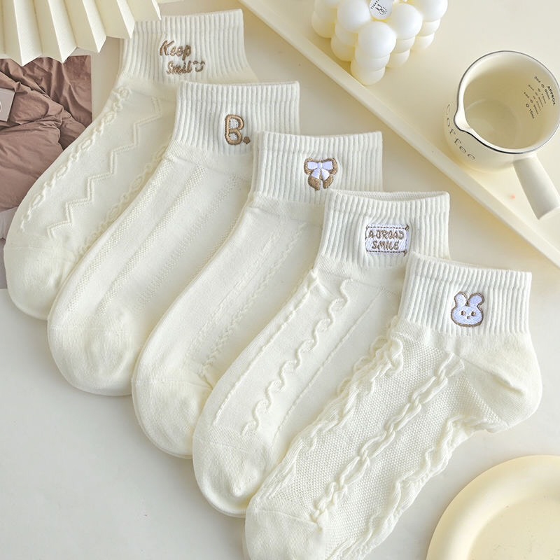 Tất vớ nữ cổ ngắn set 5 đôi họa tiết thêu, chất liệu cotton co giãn thoáng khí - Ekiu Shop