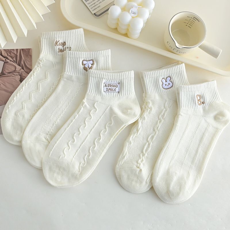 Tất vớ nữ cổ ngắn set 5 đôi họa tiết thêu, chất liệu cotton co giãn thoáng khí - Ekiu Shop