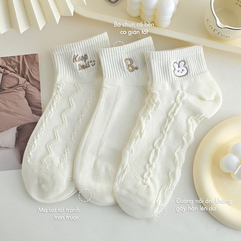 Tất vớ nữ cổ ngắn set 5 đôi họa tiết thêu, chất liệu cotton co giãn thoáng khí - Ekiu Shop