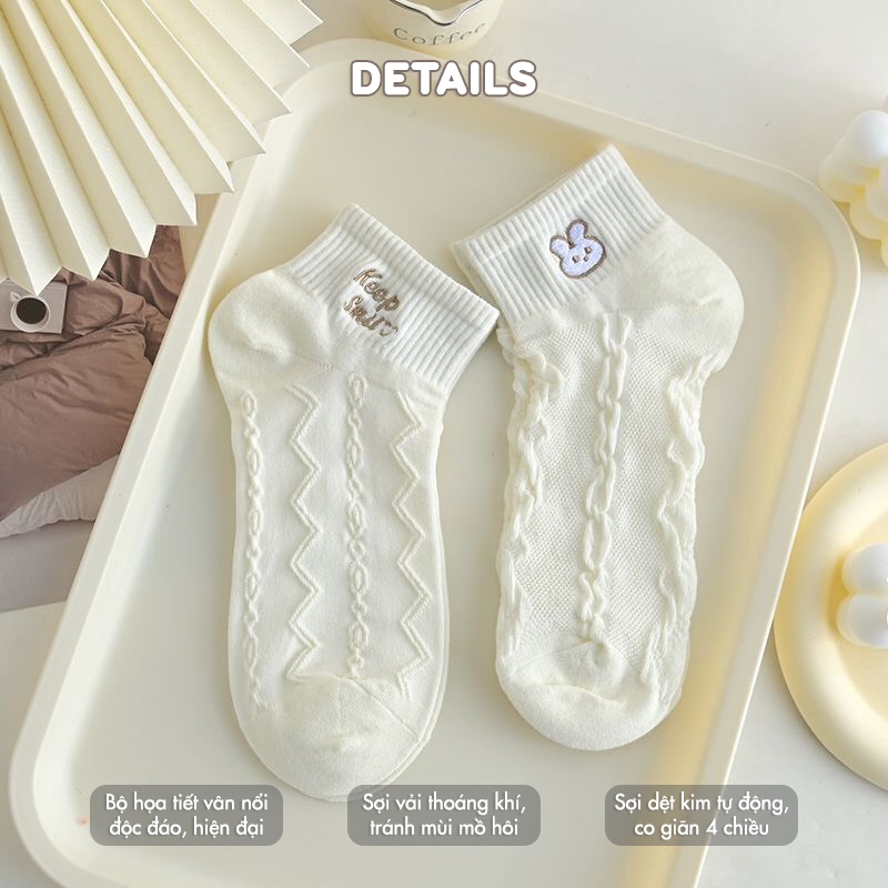 Tất vớ nữ cổ ngắn set 5 đôi họa tiết thêu, chất liệu cotton co giãn thoáng khí - Ekiu Shop