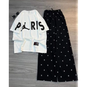 Set bộ áo thun paris chất su mix quần xuông ống rộng in full