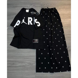 [ Rẻ vô địch ] Set bộ áo thun paris chất su mix quần xuông ống rộng in full