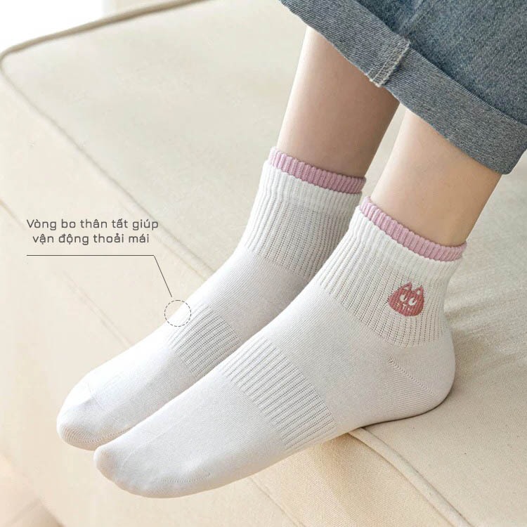 Tắt vớ nữ cổ ngắn họa tiết thêu đáng yêu, chất liệu cotton co giãn 4 chiều - Ekiu Shop