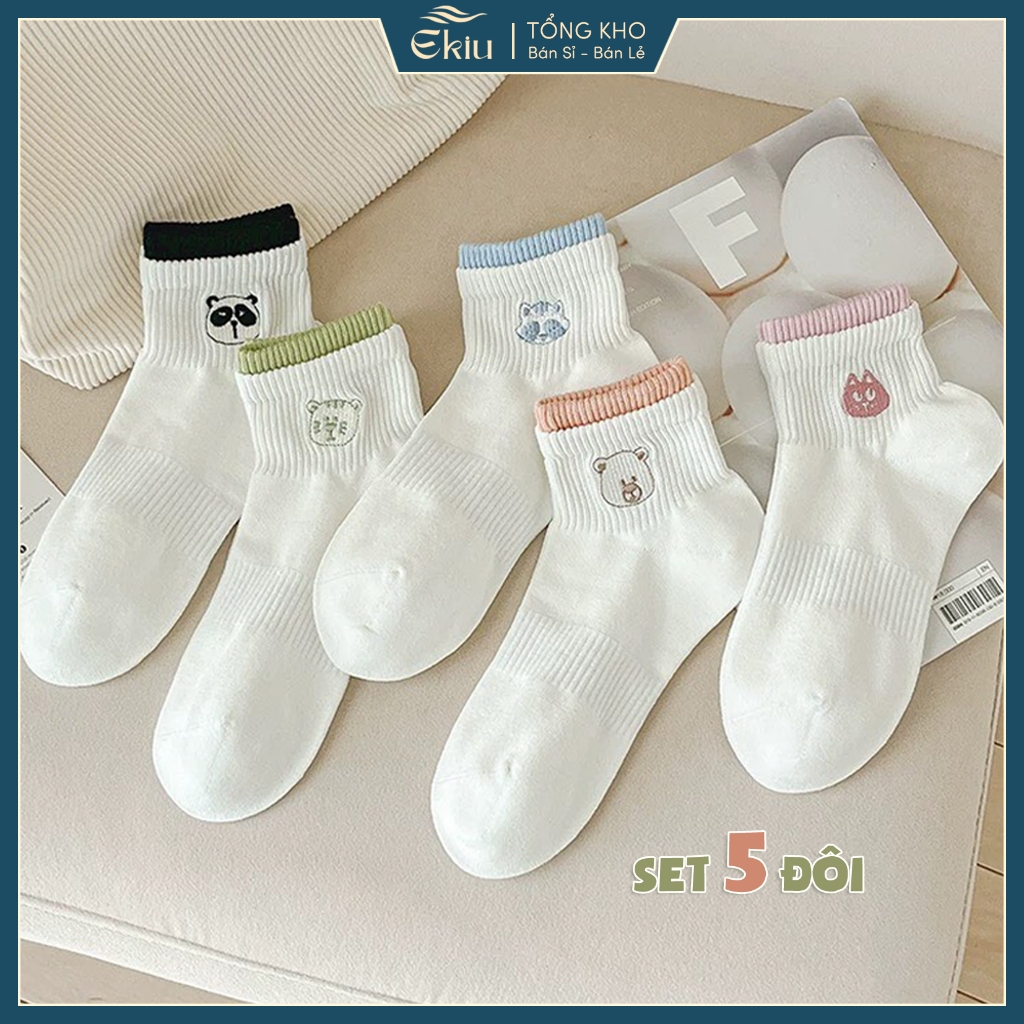 Tắt vớ nữ cổ ngắn họa tiết thêu đáng yêu, chất liệu cotton co giãn 4 chiều - Ekiu Shop