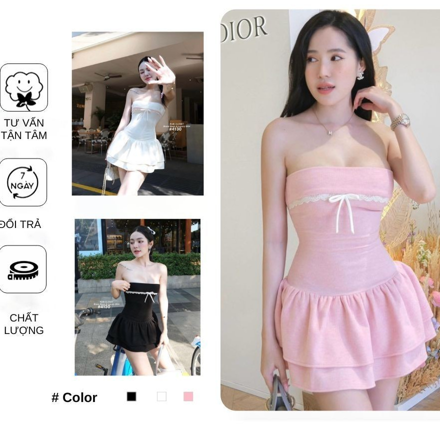 (Kèm quần) Đầm ống cúp ngực tiểu thư đính nơ xinh xắn G622