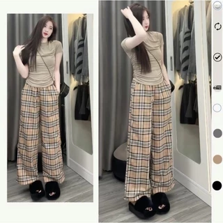 Quần BURBERRY Nữ Kẻ Sọc Caro Ống Rộng Cạp Chun Lưng Cao Dáng Đẹp Phong Cách Hàn Quốc